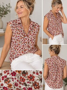 B Young - Cap Sleeve Floral Button-Front Blouse